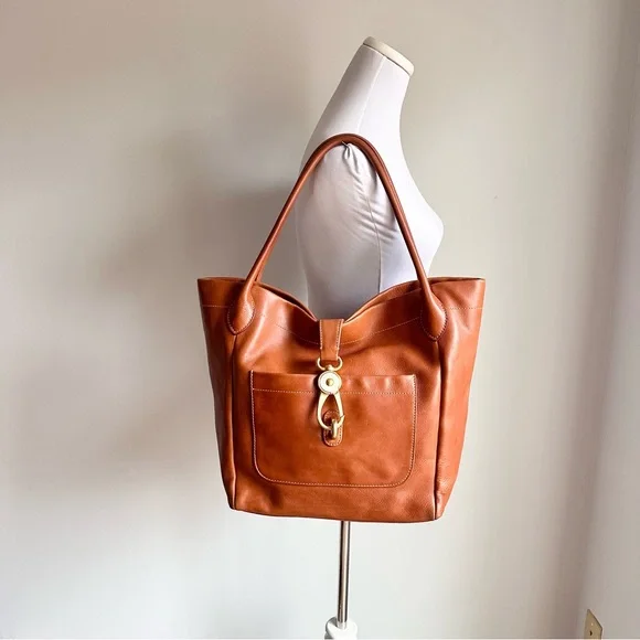DOONEY & BOURKE Florentine Camel Leather Italian Logo Lock Tote - Picture 2 of 16